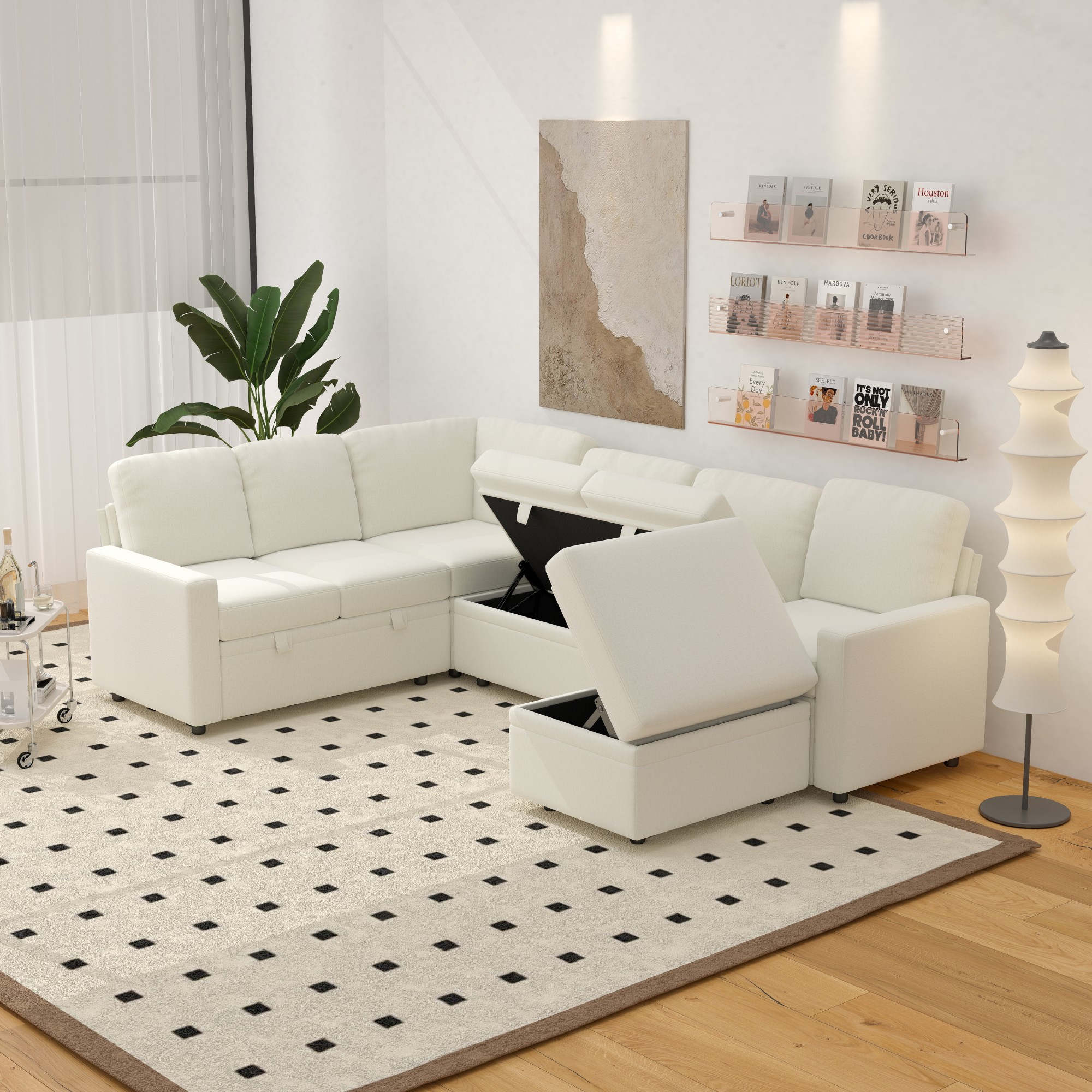 Gewnee 6-Seater Beige L-Shaped Convertible Sofa - Skin-Friendly & Wear-Resistant Chenille Fabric, Multifunctional Storage, for Living Rooms & Halls（including 1 footstool）
