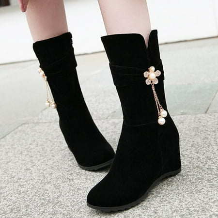 

XIAOFFENN Women s Mid-Calf Boots Waterproof Snow Boots Women Warm Solid Boots Round Toe Booties Wedge High Heel Boots Shoes