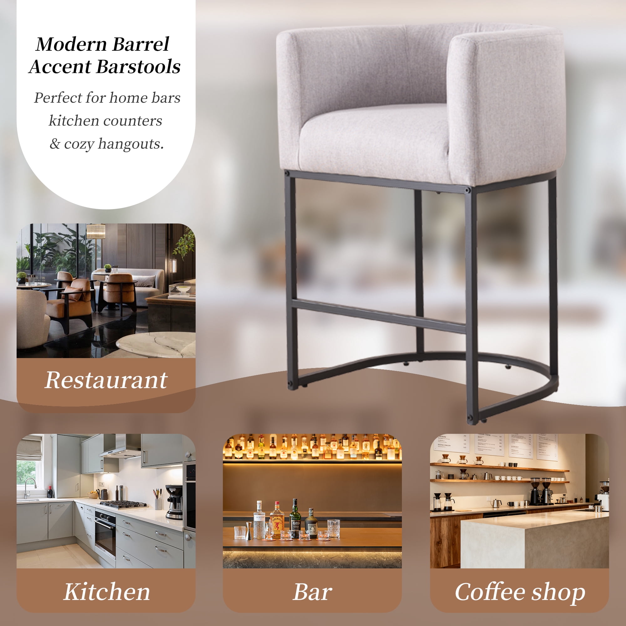 ClinQ Counter Height Bar Stool Set of 4, 26 in Fabric Upholstered Seat, Metal Legs for Indoor Dining Room and Kitchen Island, Lightgrey