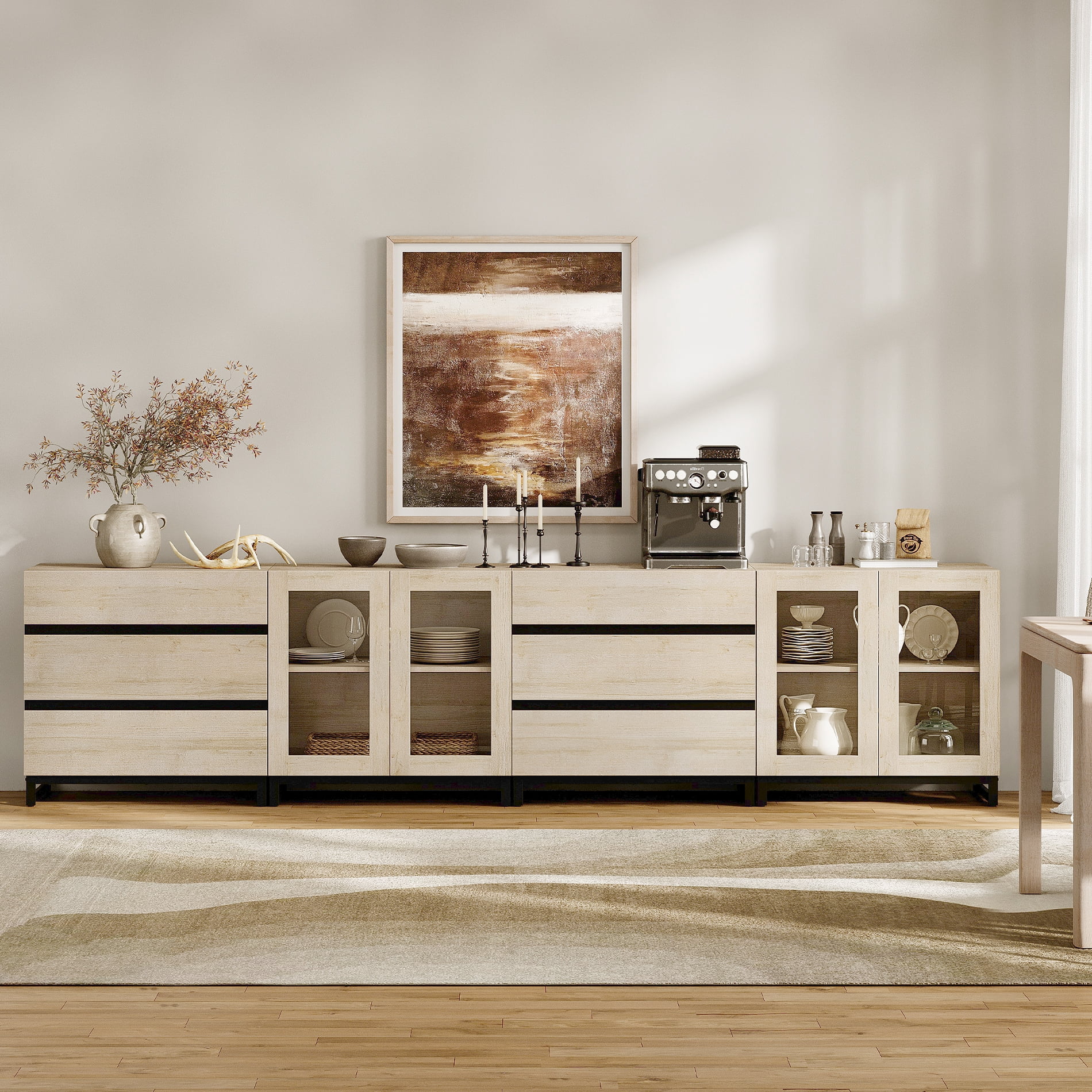 4-In-1 Multifunctional Sideboard Buffet with 6 Drawers, Modern Glass Door Credenza with Adjustable Shelf & Metal Base, Freestanding Coffee Bar Storage Cabinet for Kitchen Living Room,Beige