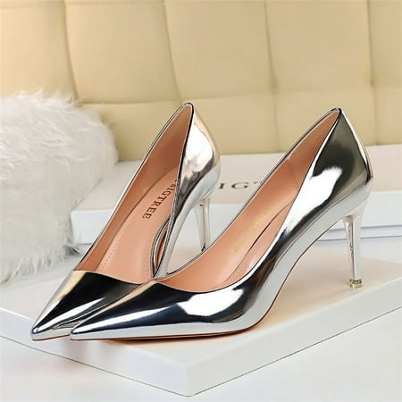 

Women Mteallic Patent Bronze Leather Pumps 7.5cm 10.5cm High Heels Lady Stiletto Middle Low Heels Wedding Bridal Silver Shoes Silver 7.5cm 35