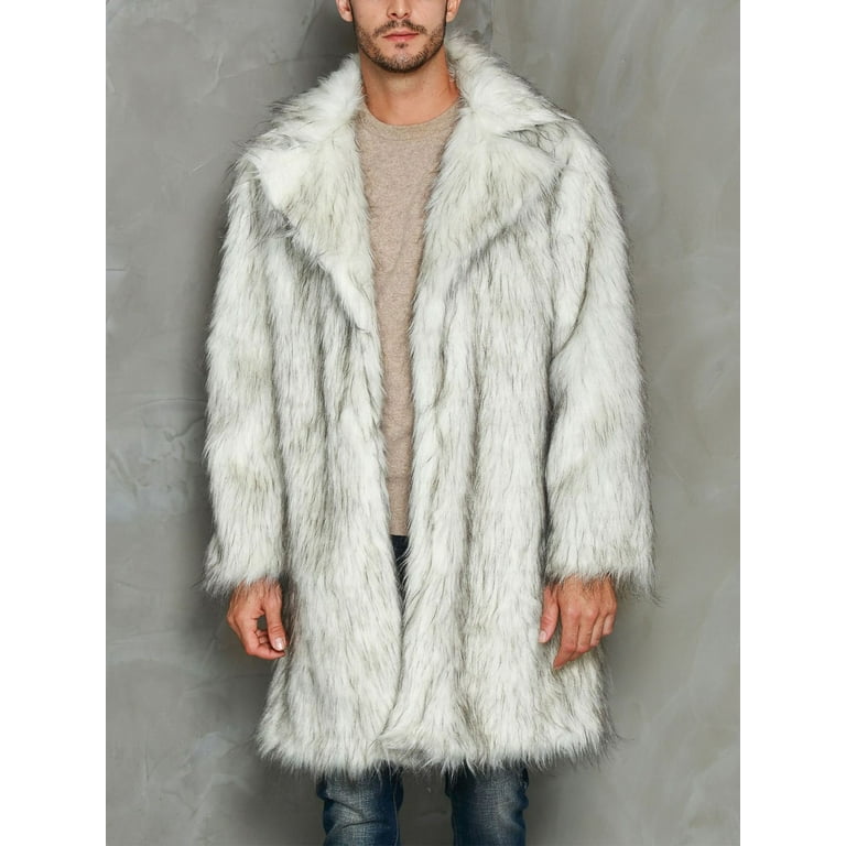 Mens Faux Mink Fur Jacket Lapel Fur Collar Coat Mid Long Thicken