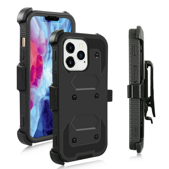 FIEWESEY for iPhone 13 Pro Case, Heavy Duty Shock-Absorption/High Impact Resistant Armor Holster Defender Case with Kickstand Swivel Belt Clip Holster for Apple iPhone 13 Pro(Black)