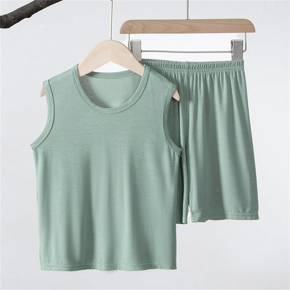 DAETIROS Boys PJS Sets-Soft Cotton Solid Tank Top and Elastic Shorts Boys Summer Lounge Set Green Size 2-15