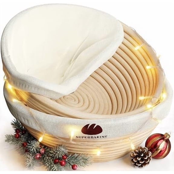 Banneton Bread Proofing Basket Set of 2, 9" Splinter-Free Round Rattan Bread Basket with Liners, Sourdough Starter Kit, Sourdough Bread Baking Supplies & Sourdough Kit, Bread Making Tools