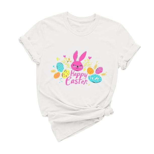 Tops de Cuello Alto para las Mujeres Pascua Impresa Camiseta Cuello Redondo de Manga Corta, Poliéster Spandex