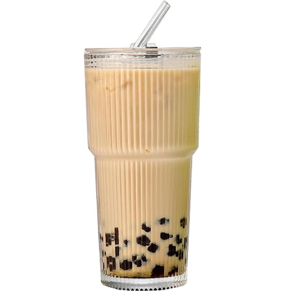 Djiypn 13.5oz Ribbed Glass Cups with Lids and Straws,1PCS Glass Tumbler with Straw and Lid,Iced Coffee Cups Drinking Glasses for Juice Whiskey Cocktail Beer, Clear