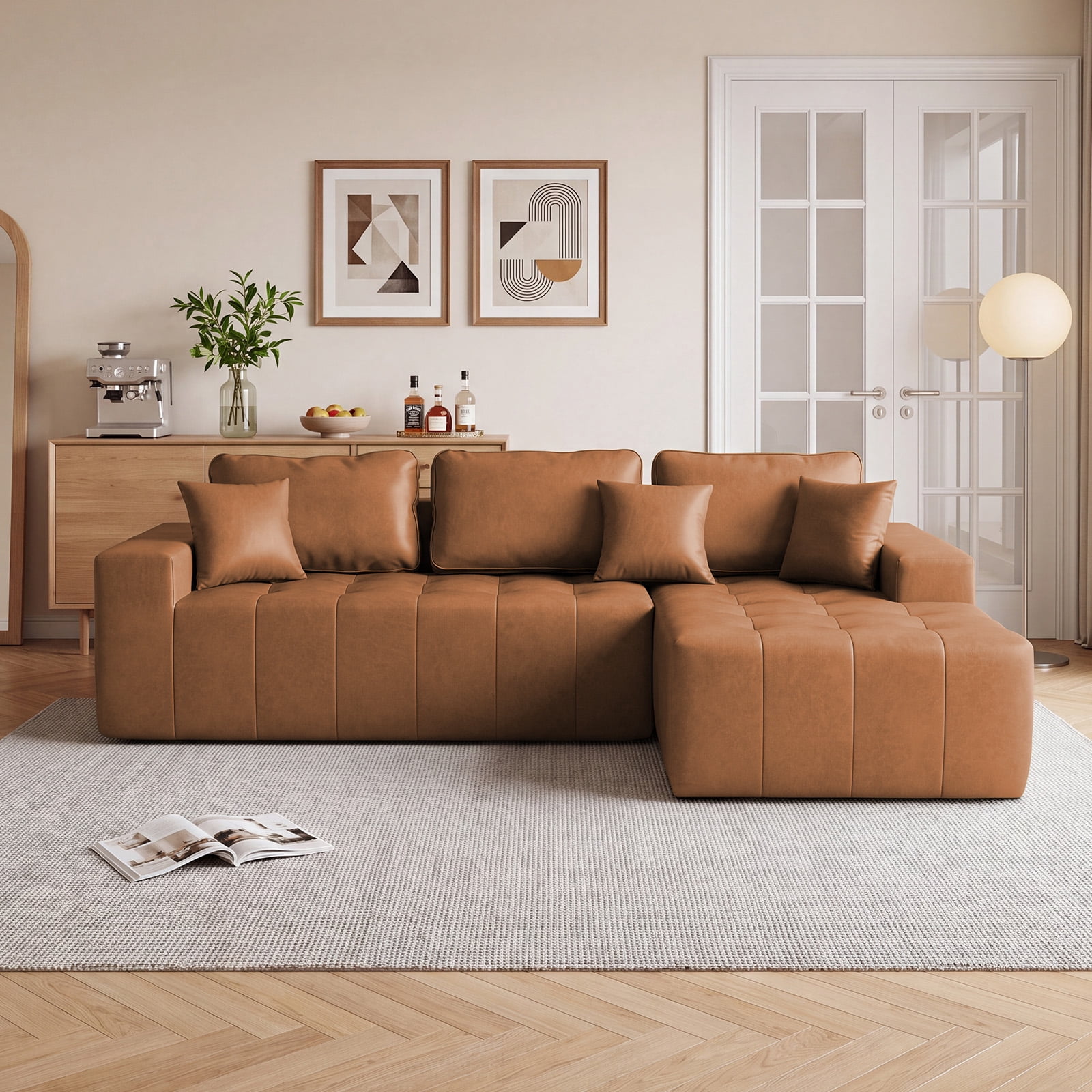 No-Assembly Faux Leather Corner Chaise Compression Sofa Bed, L-Shaped Sectional Couch with High-Density Sponge for Living Room, Light Brown