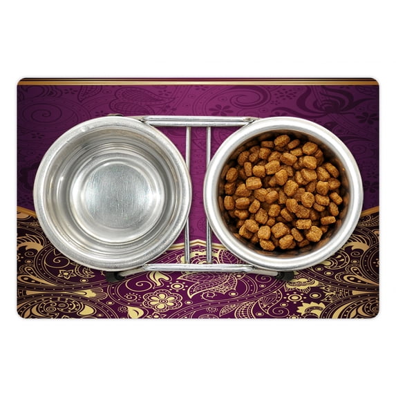 Eastern Pet Mat for Food and Water, Oriental and Abstract Swirly Floral Frame Vintage Style, Non-Slip Rubber Mat for Dogs and Cats, 18" X 12", by Ambesonne