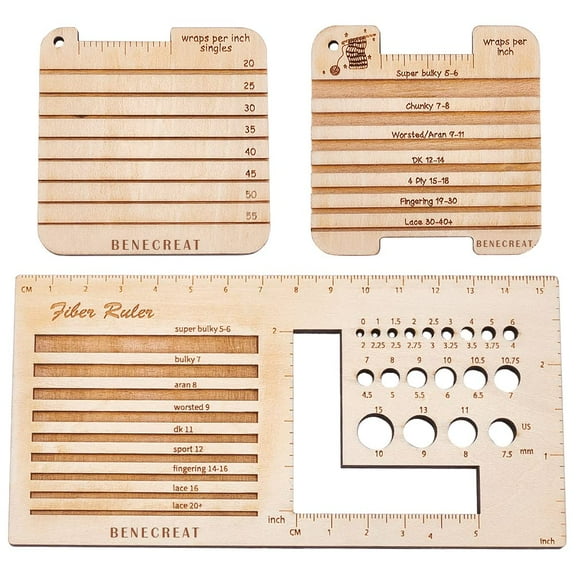 3Pcs Knitting Needle Gauge Multifunctional Wood Spinning Control Card Knitting Tool for Spinners Yarn WPI Guide Gauge Measuring Tools Crochet Accessories