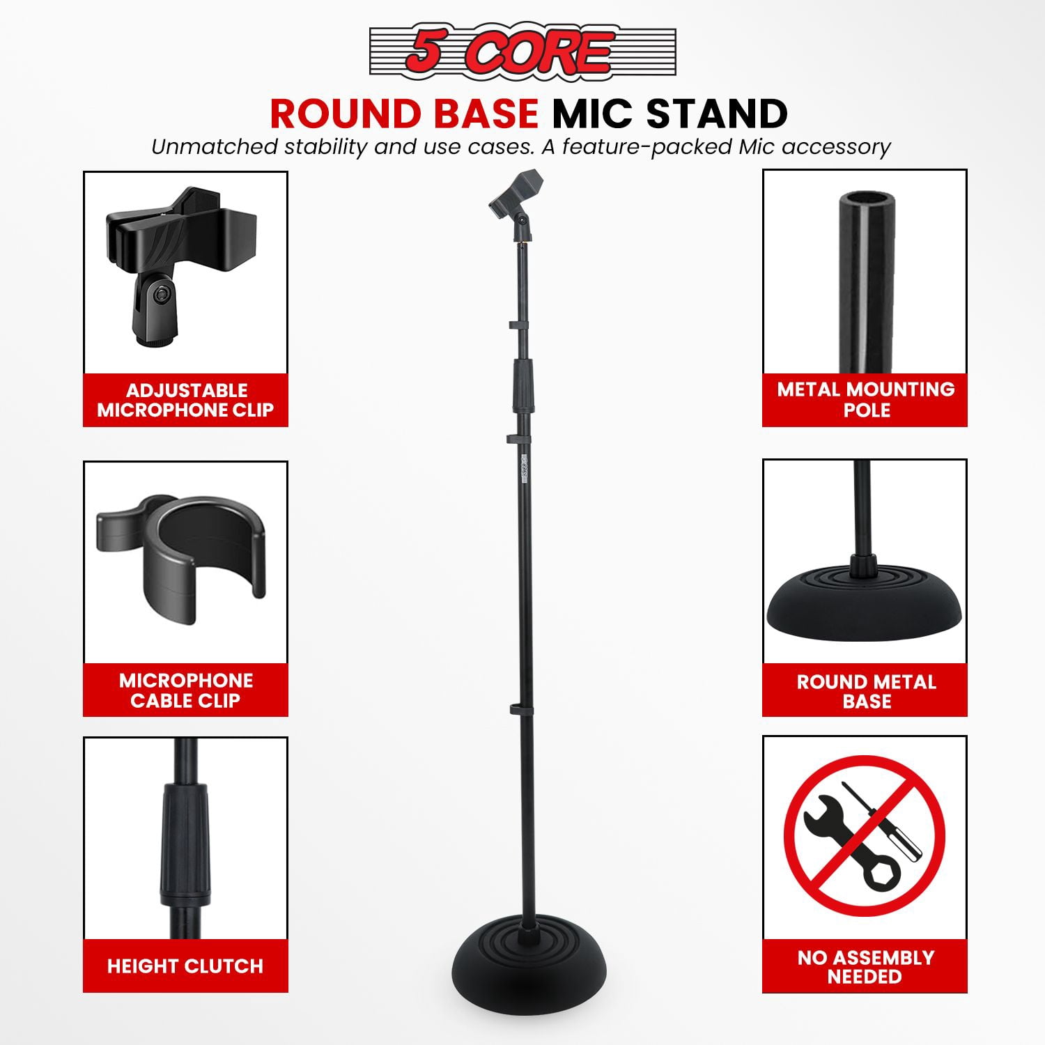 Heavy Duty Adjustable Floor Mic Stand 2-Pack (37.5-70") w/180° Angle & Cable Clips - Weighted Base, 4.6lb Capacity