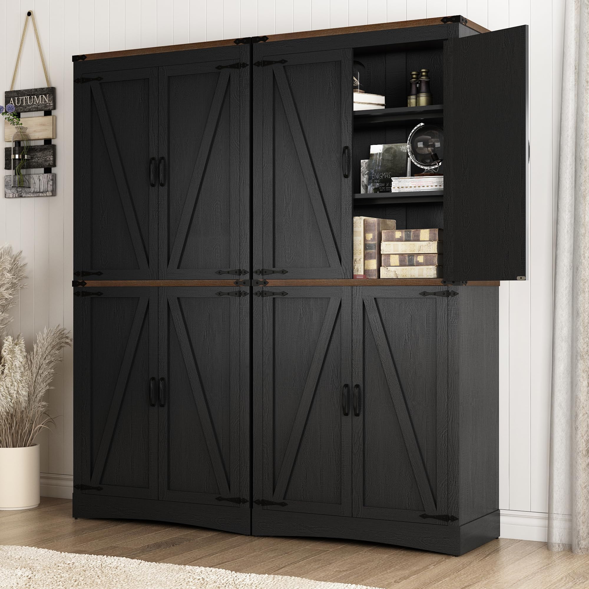71" Tall Farmhouse Kitchen Pantry Storage Cabinet, 5 Layers Storage Cabinet with Adjustable Shelves, Pantry Cabinet with 4 Barn Doors for Kitchen, Dining Room, Bathroom, Living Room, Rustic Black
