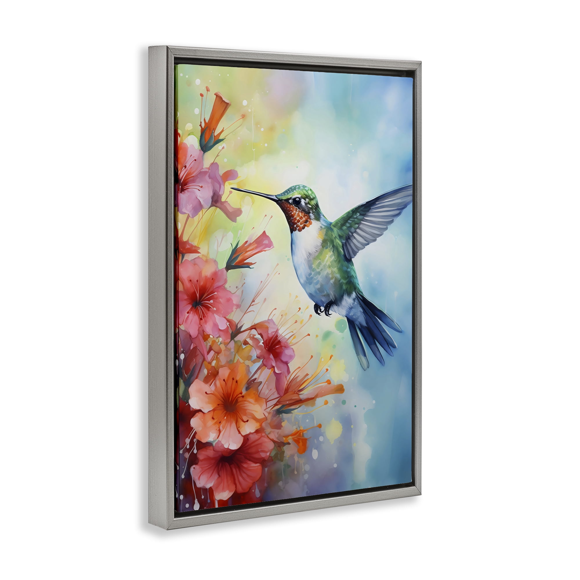 Stupell Industries Hummingbird Hibiscus Serenade Gray Framed Floater Canvas Wall Art, design by Creative Studio