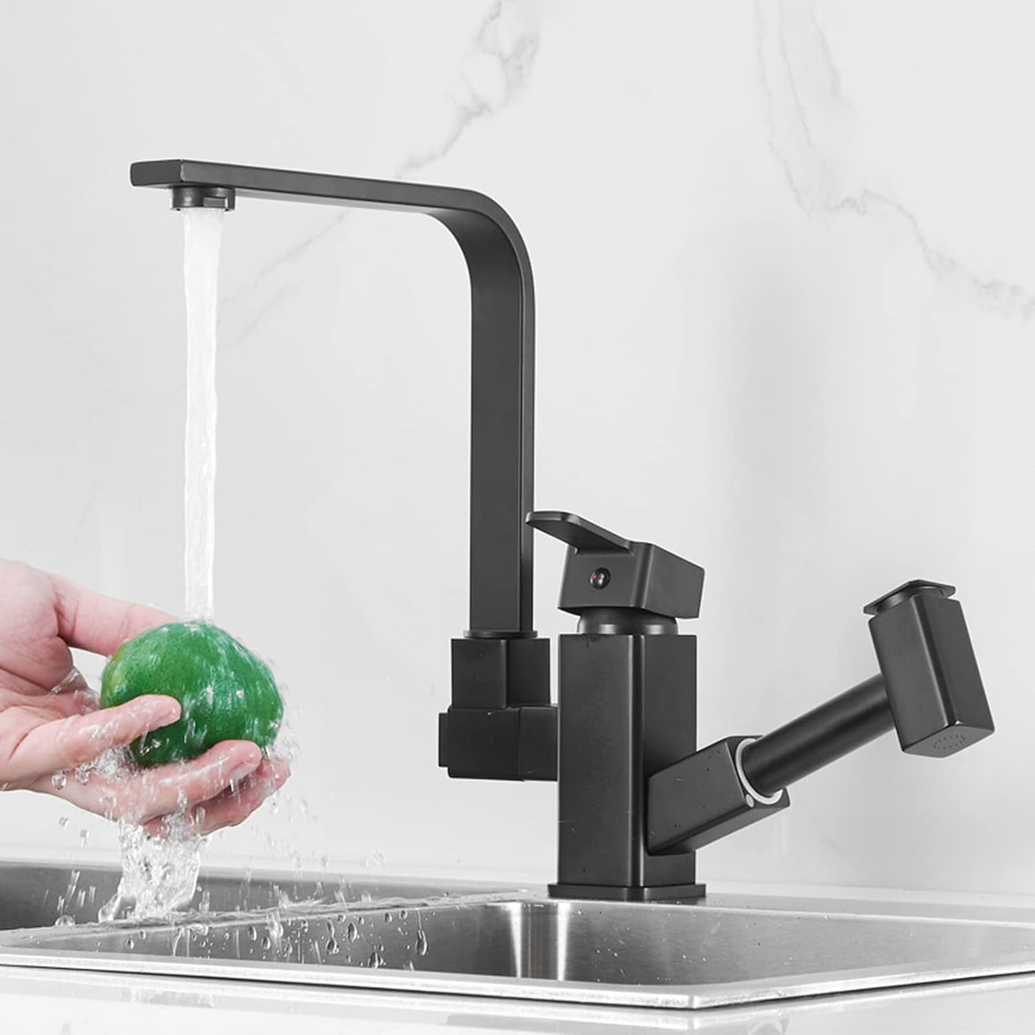 Kitchen Faucets Folding Inside Window Brass 360° Rotation Hot Water and Cold Water Single Hole Multifunction Spray Gun Kitchen Sink Faucets Black