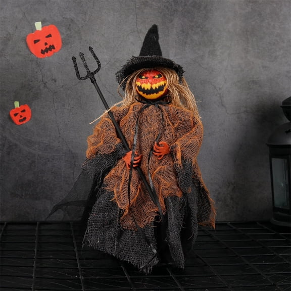 GoLucid 10in Halloween Pumpkin Head Witch Figurine with Trident, Mini Jack Pumpkin Witch Doll Tabletop Decoration for Halloween Home Decor
