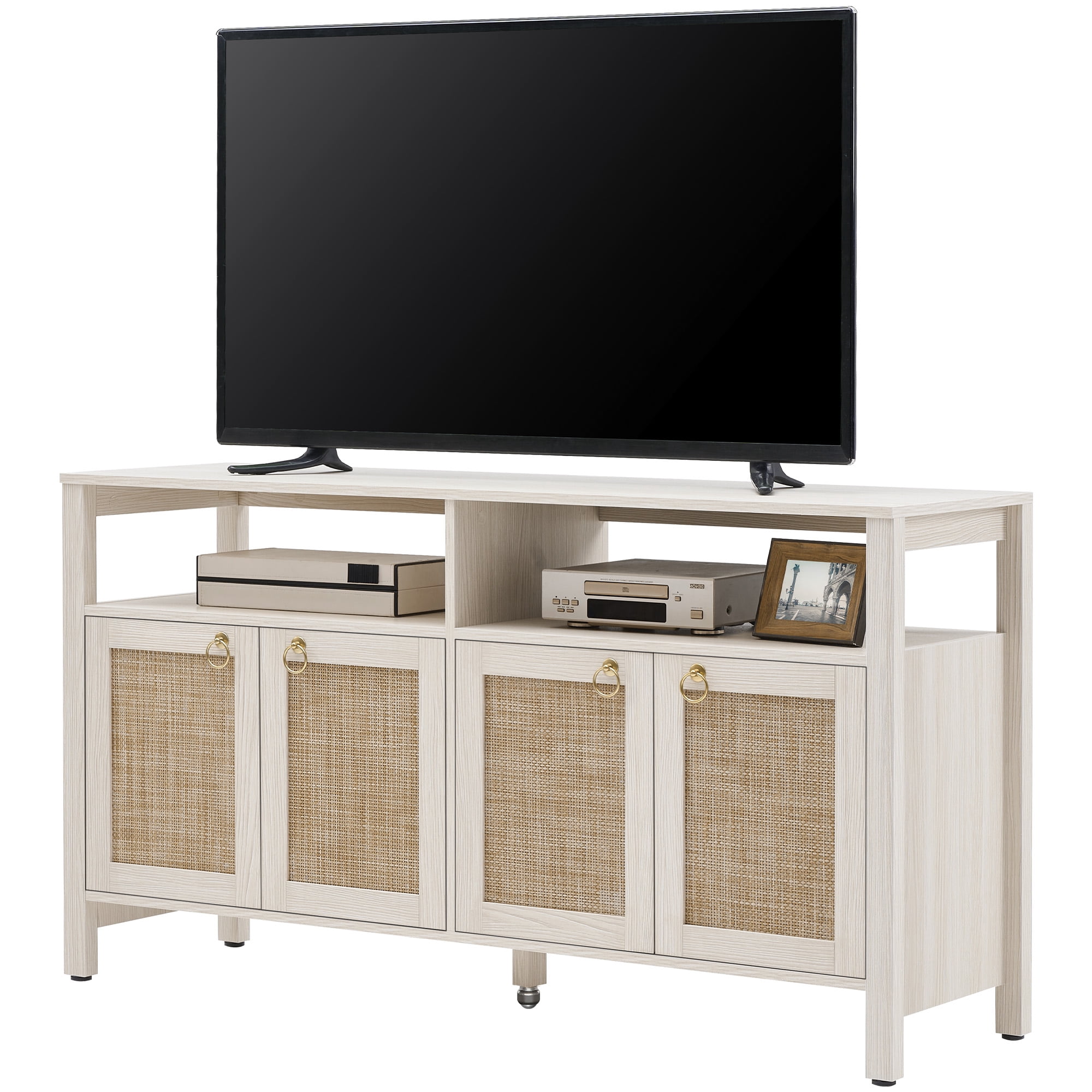 SICOTAS Boho TV Stand for TVs up to 65", Rattan 29.5" Tall Entertainment Center with Storage Cabinets & Adjustable Shelves , TV Console Table for Living Room, White Oak
