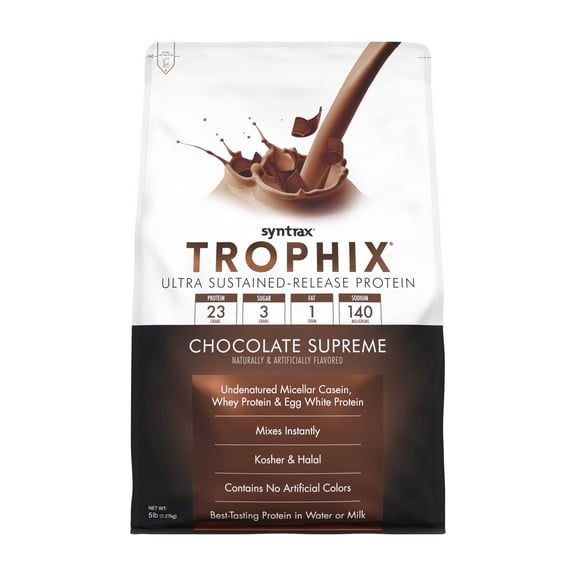 Syntrax Nutrition Trophix, Chocolate Supreme 5 lbs. Ultra Sustained-Release Protein Powder Blend, offers a Rich & Creamy Flavor