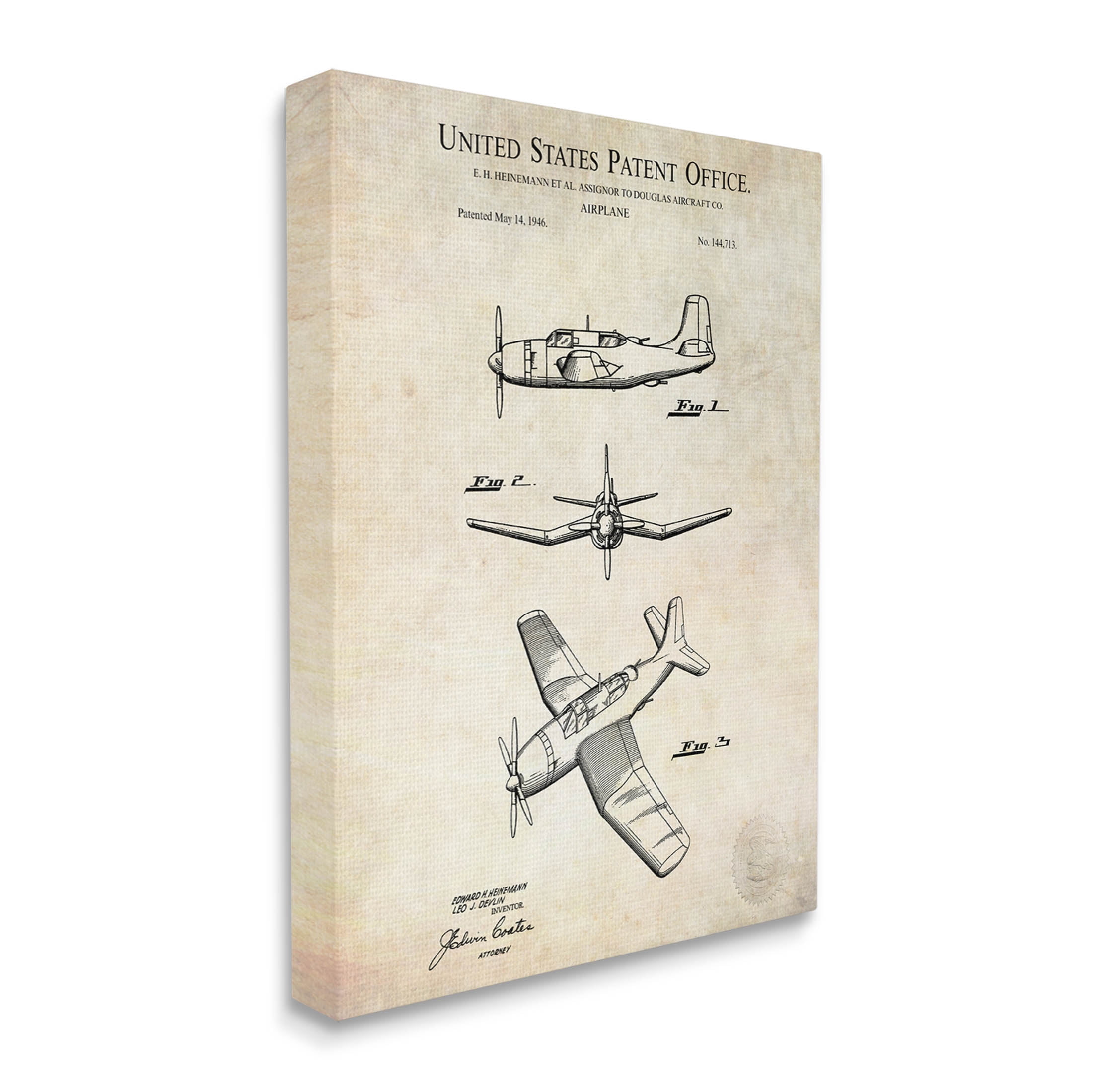 Stupell Industries Vintage Distressed Patent Airplane Graphic Art Gallery Wrapped Canvas Print Wall Art, Design by Karl Hronek
