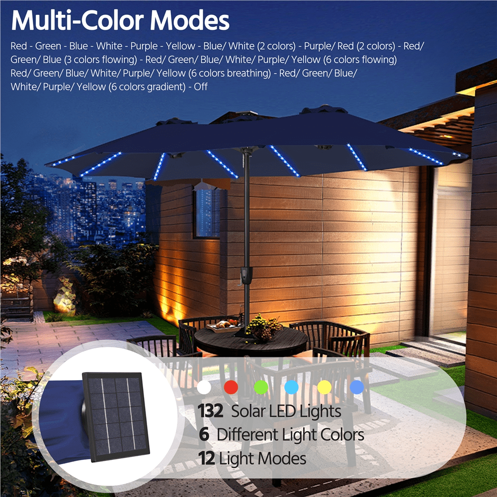 Renwick 13×8ft Large Patio Umbrella with Base & Solar Light Strips, Navy Blue