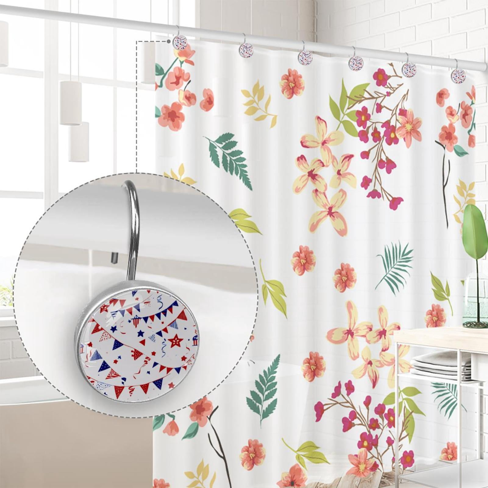 12pcs Decorative Shower Curtain Hooks, Rust Resistant Shower Rings for Bathroom Living Room,Rustproof Stainless Steel Rings for Shower Curtain and Liner Rods,4th of July Flags