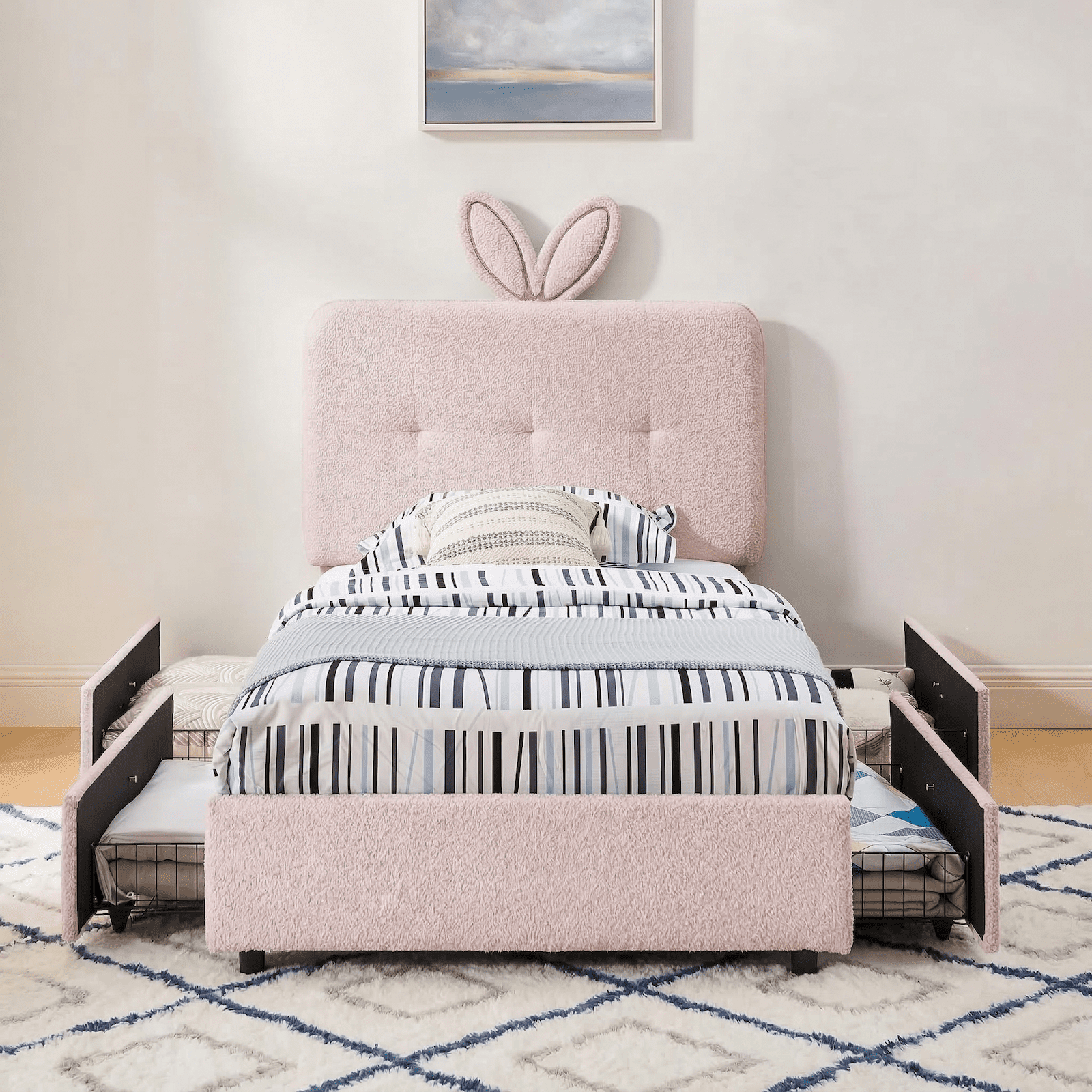 Aisword Twin Upholstered Bed Frame with 4 Storage Drawers & Rabbit Ear LED Headboard, No Box Spring Needed, Wooden Slats Support, Pink