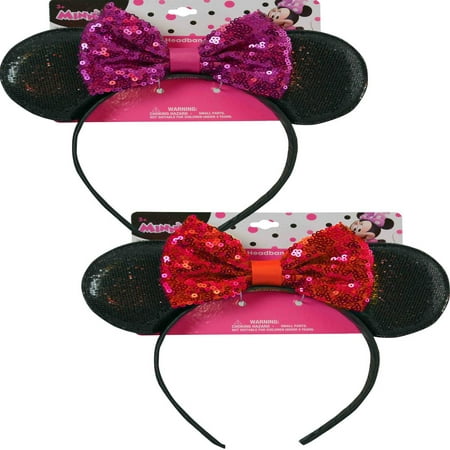 Disney Minnie Mouse Ears Sequin Headband with Glitter Pink Bow Hair Accessories