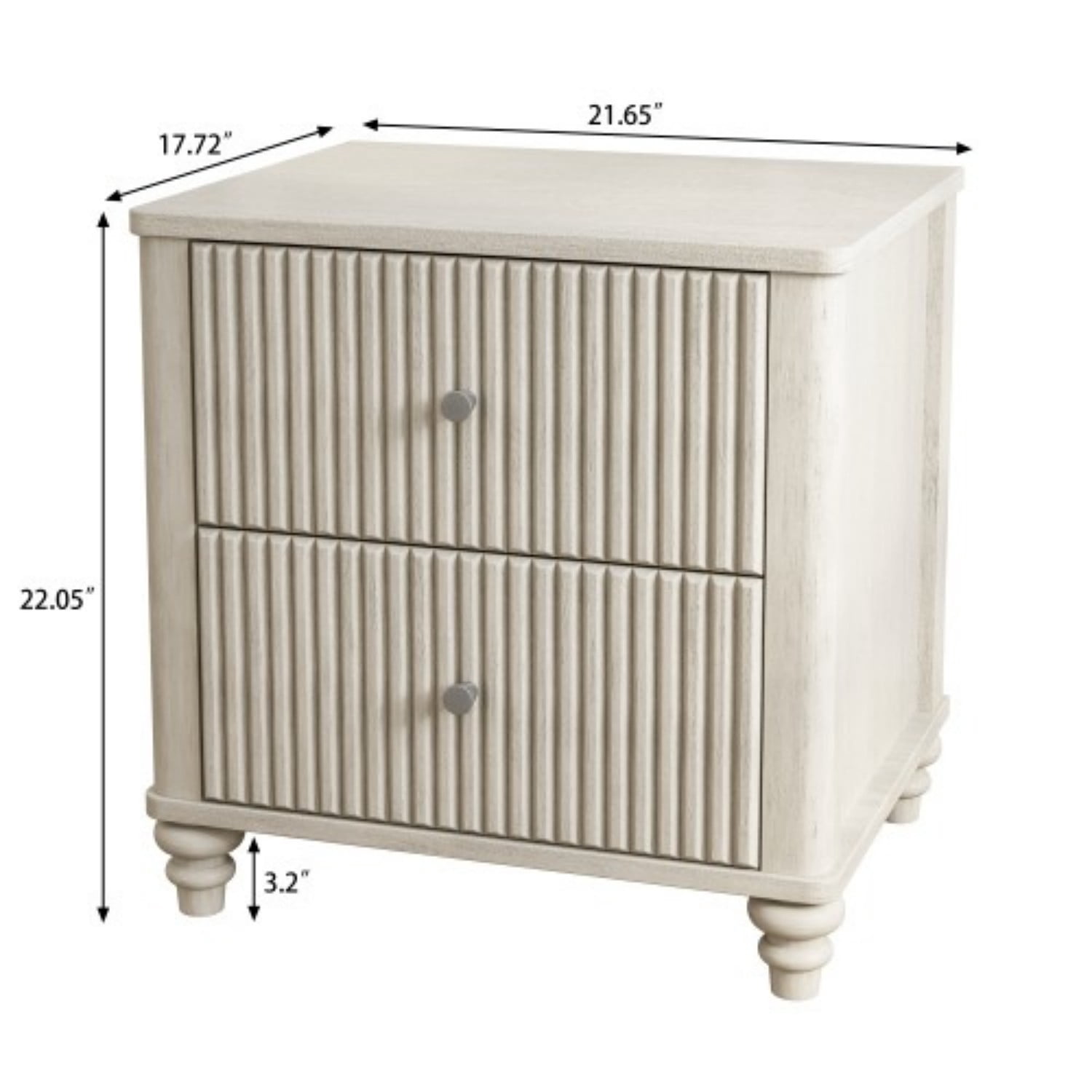 Fluted Nightstand Set of 2, 21.65" Wide Mid Century Modern Bedside Table with 3 Drawers, Wood Storage End Table with Metal Handles for Bedroom Living Room, Beige