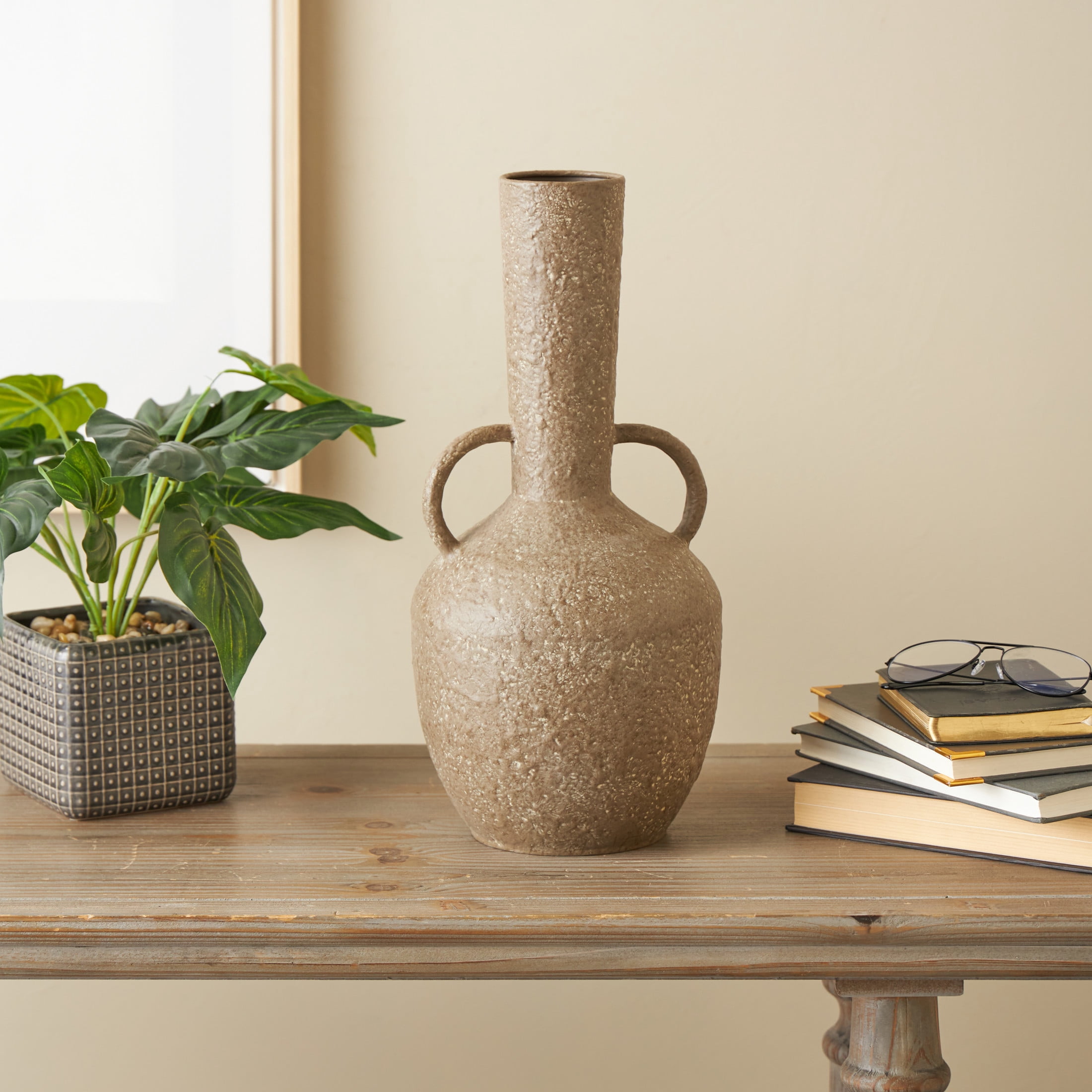 DecMode 17" Antique Inspired Brown Metal Vase with Handles