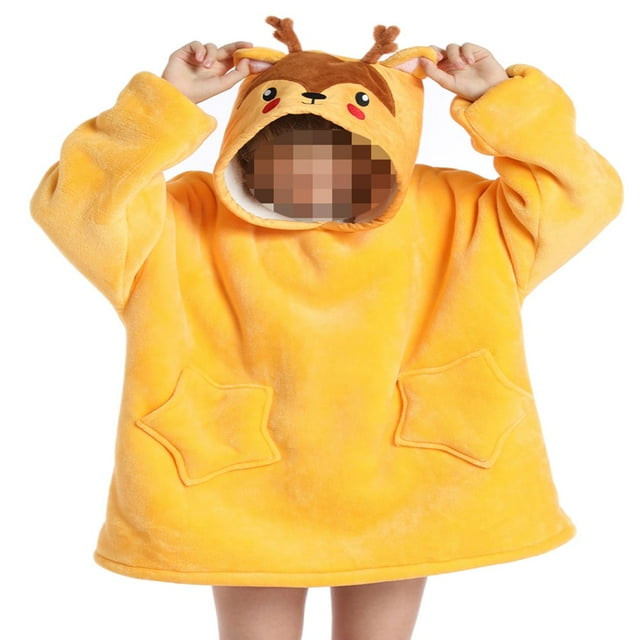 Adult Kids Winter Warm Wearable Blanket Big Hooded Sweatshirt Homewear With Front Pocket Oversized
