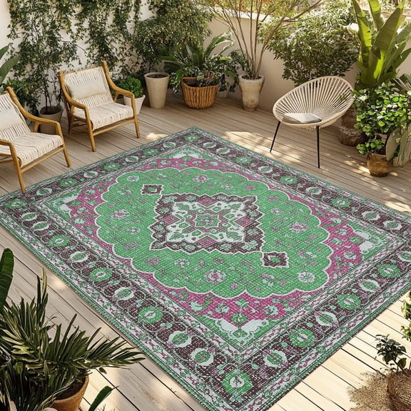 Boho Southwest Outdoor Rug 3x5 Ft - Reversible Patio Rug Outdoor Camping Rugs, Green Red Farmhouse Retro Aztec Abstract Indoor Outdoor Area Rugs, Non-Slip Outdoor Carpet Runner for Deck/Porch