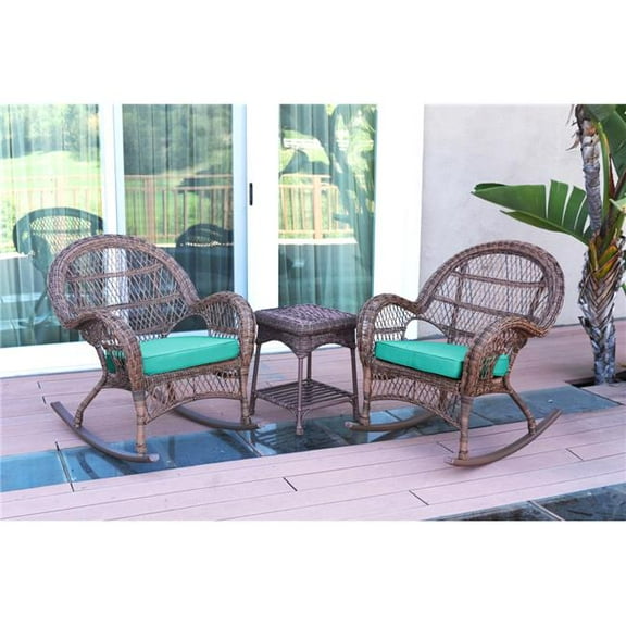 W00210-2-RCES032 Santa Maria Honey Rocker Wicker Chair Set, Turquoise Cushions - 3 Piece