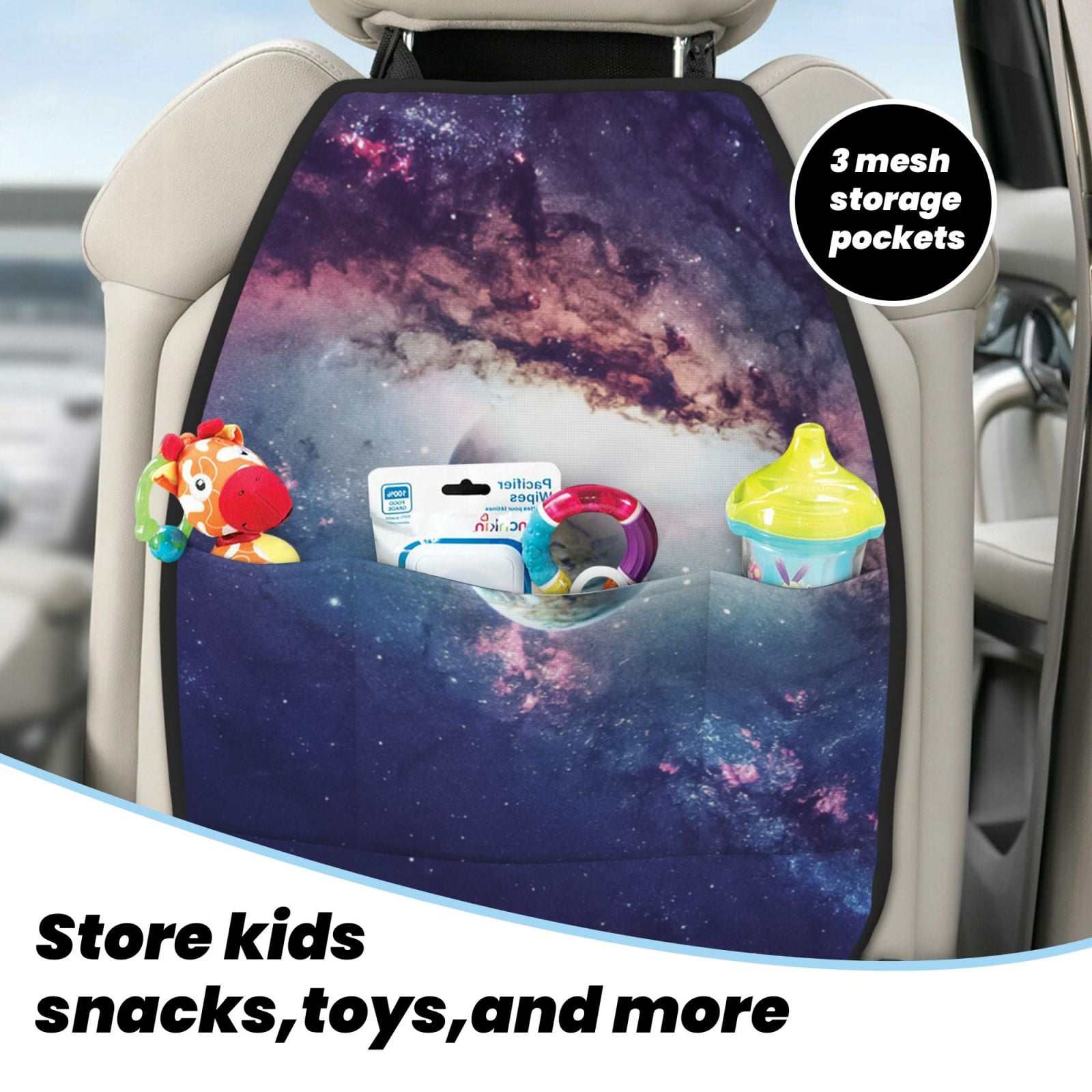 Kdxio Planets Stars And Galaxies Print 2 Pack Car Kick Mat Seat Cover Back Protector Mat with Pockets for Organizer Backseat Protector and Storage Anti Kick Pad for Vehicles