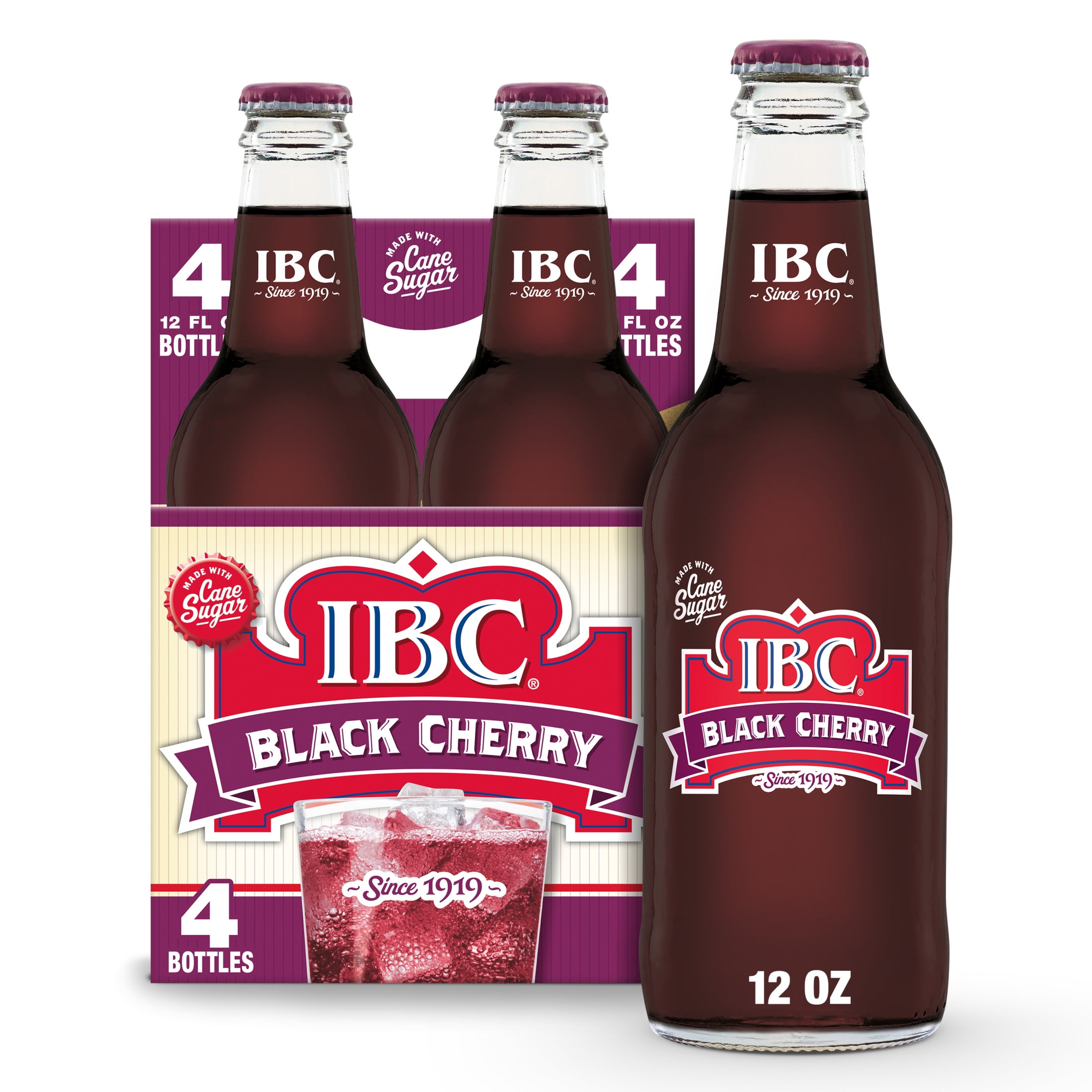 (3 pack) IBC Black Cherry Made with Sugar Soda, 12 fl oz, 4 Pack Glass Bottles
