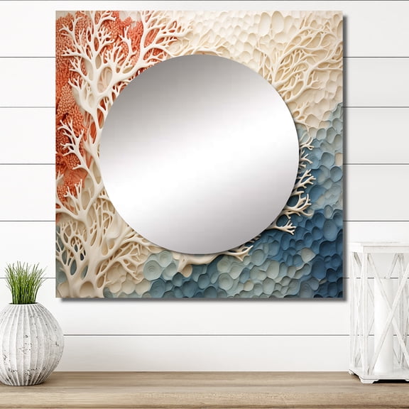 Designart "Blush And Ivory Seashore Coral Mosaic I" coastal coral under water Square Mirror For Wall Decor - Large Cream Square Printed Wall Mirror Art - Square Coastal Mirror - Wall Mounted Mirror