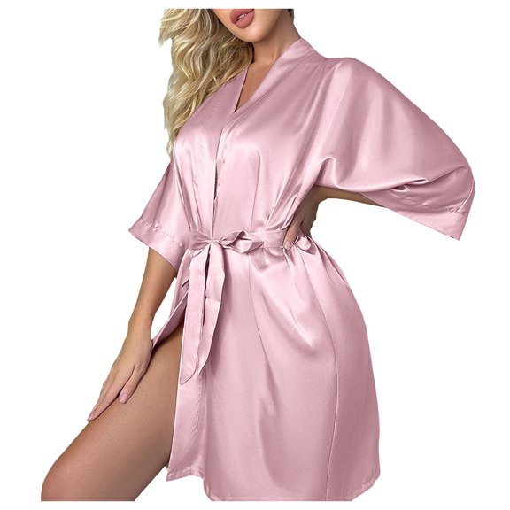 Satin Silk Robes for Women Shawl Collar Sexy Silk Nightgown Casual Thin Homewear Pajamas Loose Cardigan Lace Up Bathrobes Robes Sleepwear Pink L