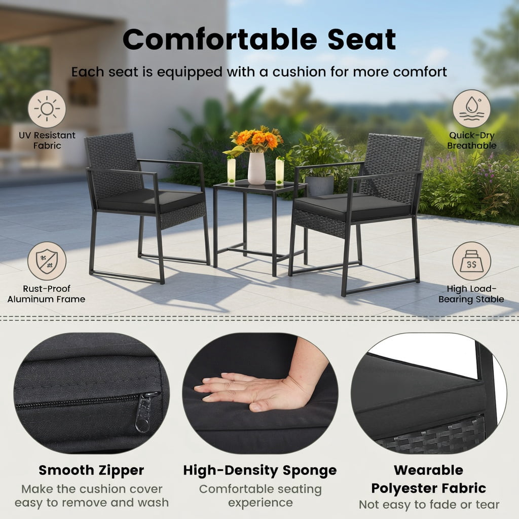 Hommoo 3-Piece Modern PE Rattan Patio Furniture Set with Tempered Glass Coffee Table, Heavy-Duty Outdoor Seating for Balcony, Porch & Small Spaces, Black
