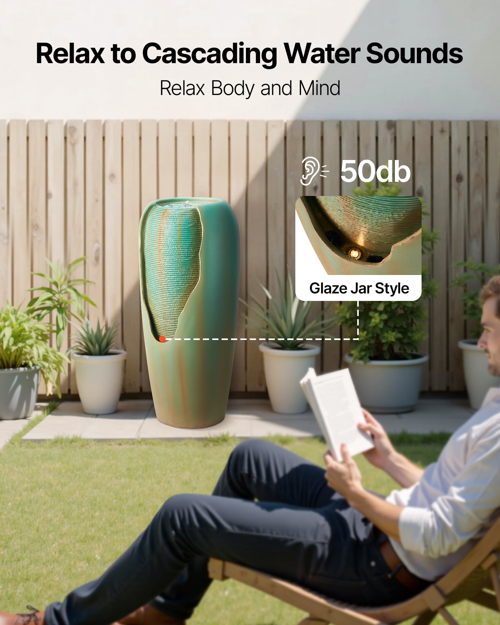 VEVOR Outdoor Water Fountain, 30.71 in Height Fountain and Waterfall, 1-Tier Floor Standing Glazed Jar Style Fountains with LED Light and Pump, for Outdoor Indoor Garden, Home, Patio & Yard (Green)