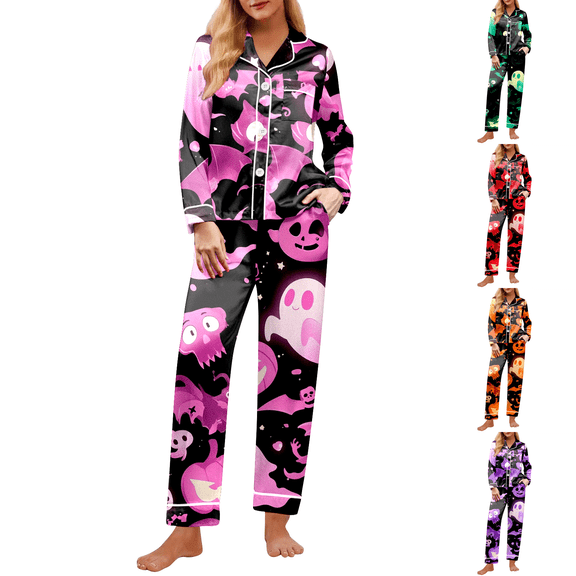 Pink Halloween Womens Pajamas Polyester,Spandex 2026 Fall Funny Loungewear Sets Button Long Sleeve Tops Matching Sleeppants Cute Pjs Silk Set S