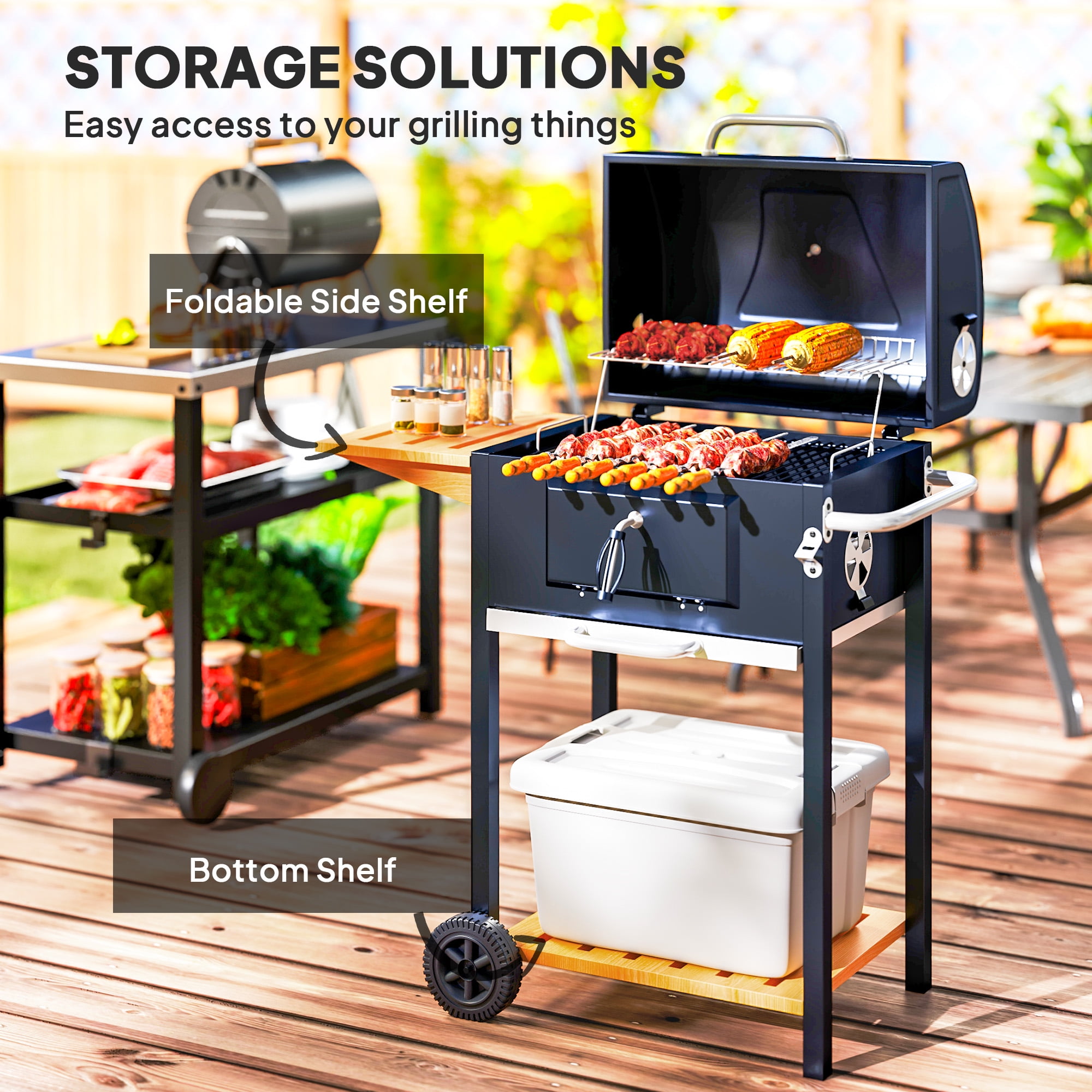 Outsunny Charcoal BBQ Grill, Portable Barbecue Grill for Camping or Backyard Picnic with Side Table, Bottom Storage Shelf, Wheels and Handle, Black