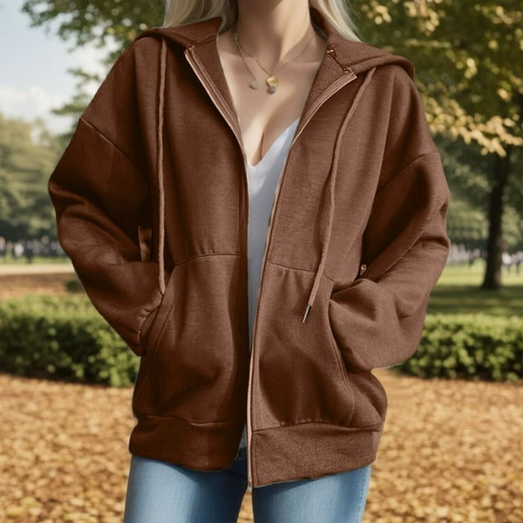Hauaitttt Women's Street Long Sleeve Coat Sweatshirt Hooded Zipper Solid Color Coat Casual Warm Outwear Sweatshirt Sweaters Cover Your Women's Sweat Jacket Pocket Top Tunic Hoodie Long Graphic Hoodie