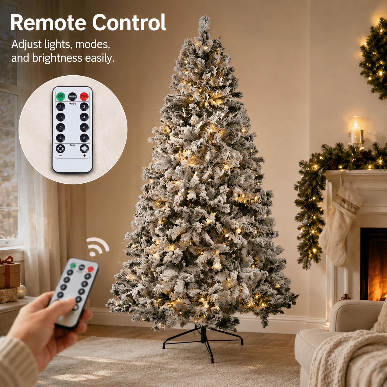 Alvantor 7 ft Pre-Lit Snow-Flocked Artificial Christmas Tree with 400 Warm and Cool White LED Lights, Remote Control and 1000 PVC Tips