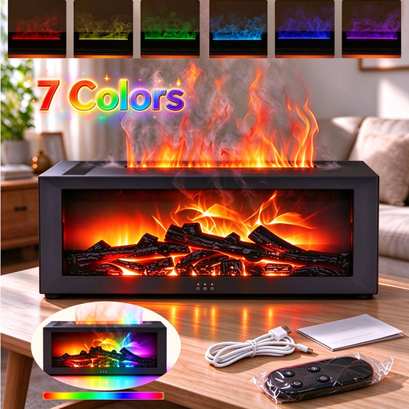 Fireplace Essential Oil Diffuser, 7 Colors Flame Aromatherapy Diffuser with Remote & Timer, Cool Mist Humidifier for Home Office Bedroom, Auto Shut-Off