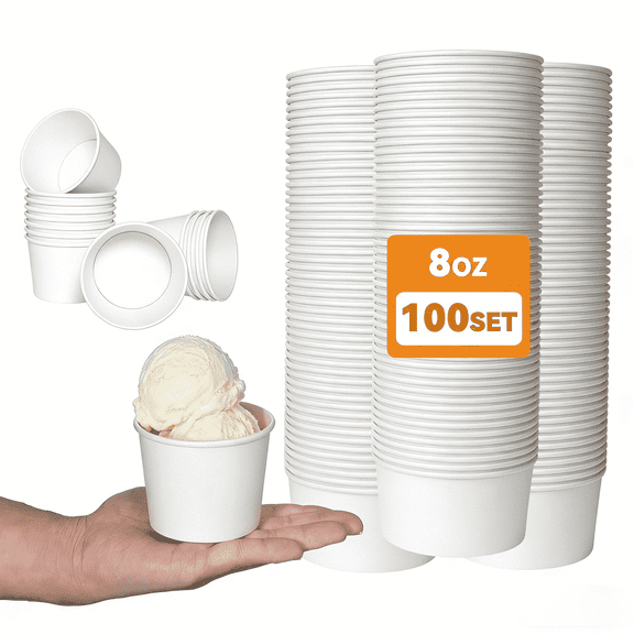 Cafemira 100 Pack 8 oz White Kraft Soup Containers with Lids, Ice Cream Cups, Heavy Duty To Go for Hot/Cold Yogurt, Microwave Freezer Safe