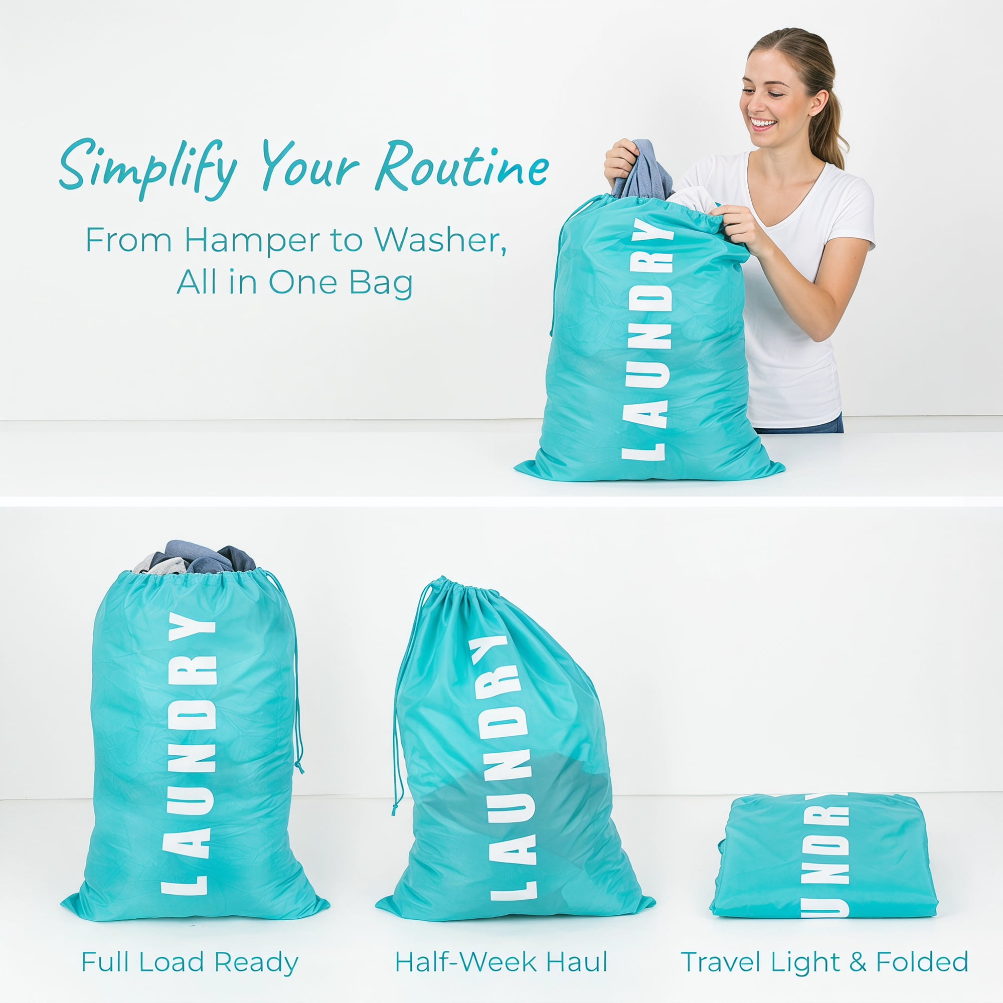 Unique Bargains 2Pcs Waterproof Wet Dry Travel Laundry Bag Green-White 24" x 36.2"