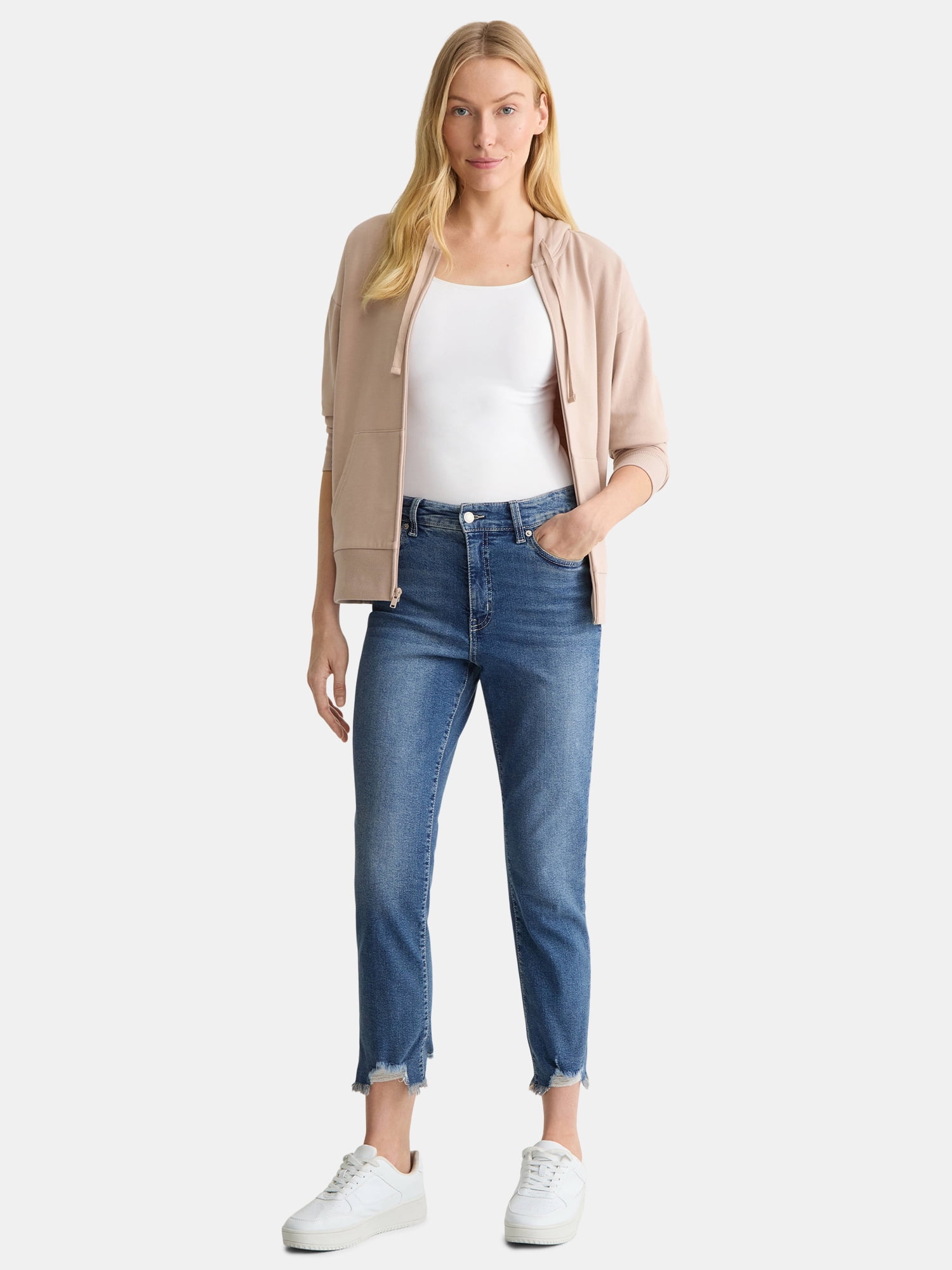 Time and Tru Women's High Rise Straight Leg Destructed Hem Jeans, 26" Inseam, Sizes 0-20