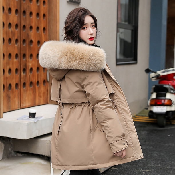 Chaqueta acolchada de algodón gruesa de moda con cuello grande de lana suelta de estilo invernal de largo medio con forro polar para mujer de Parker