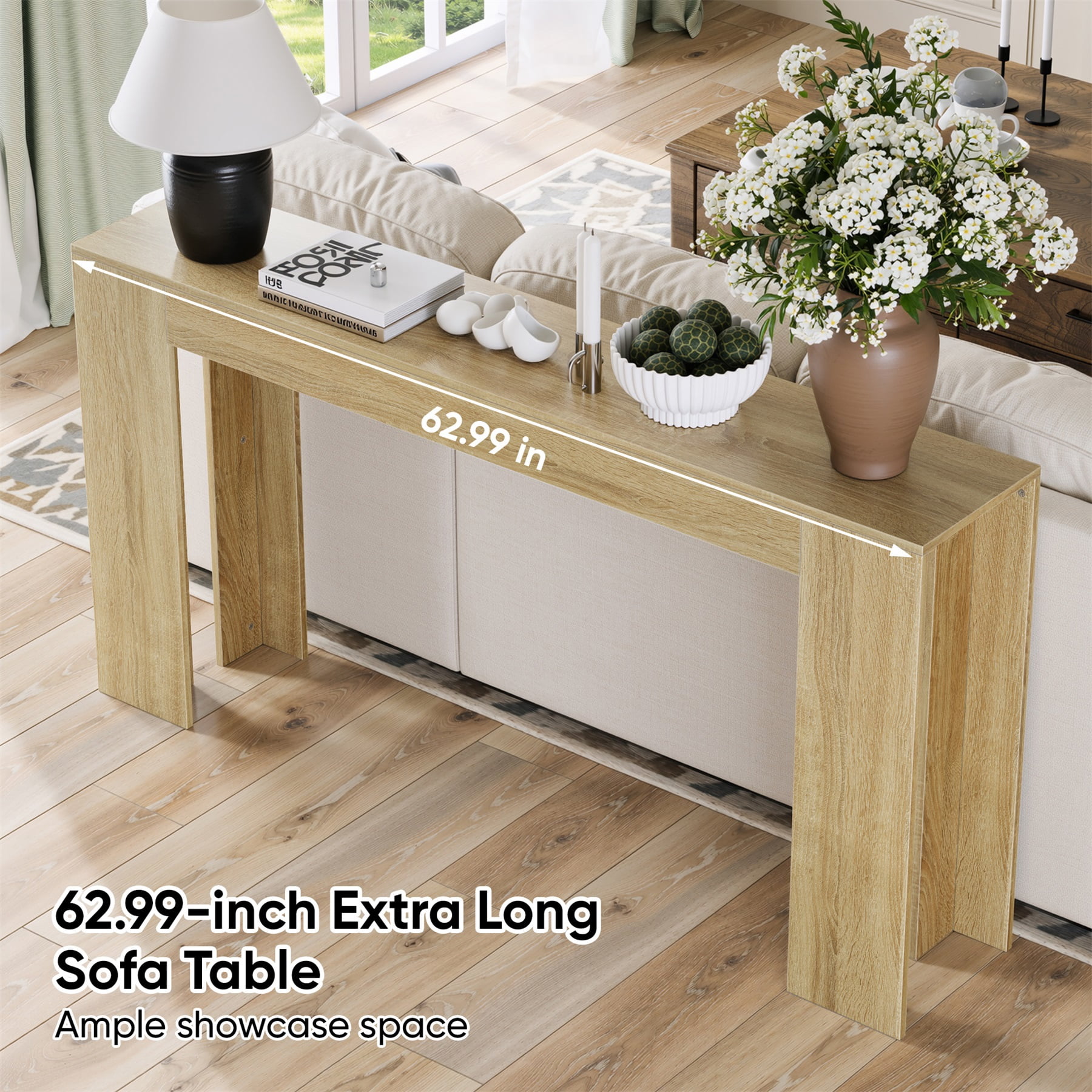 Hommoo 62.99" Extra-long Entryway Table, Farmhouse Sofa Table, Console Table, Hallway Table, Oak