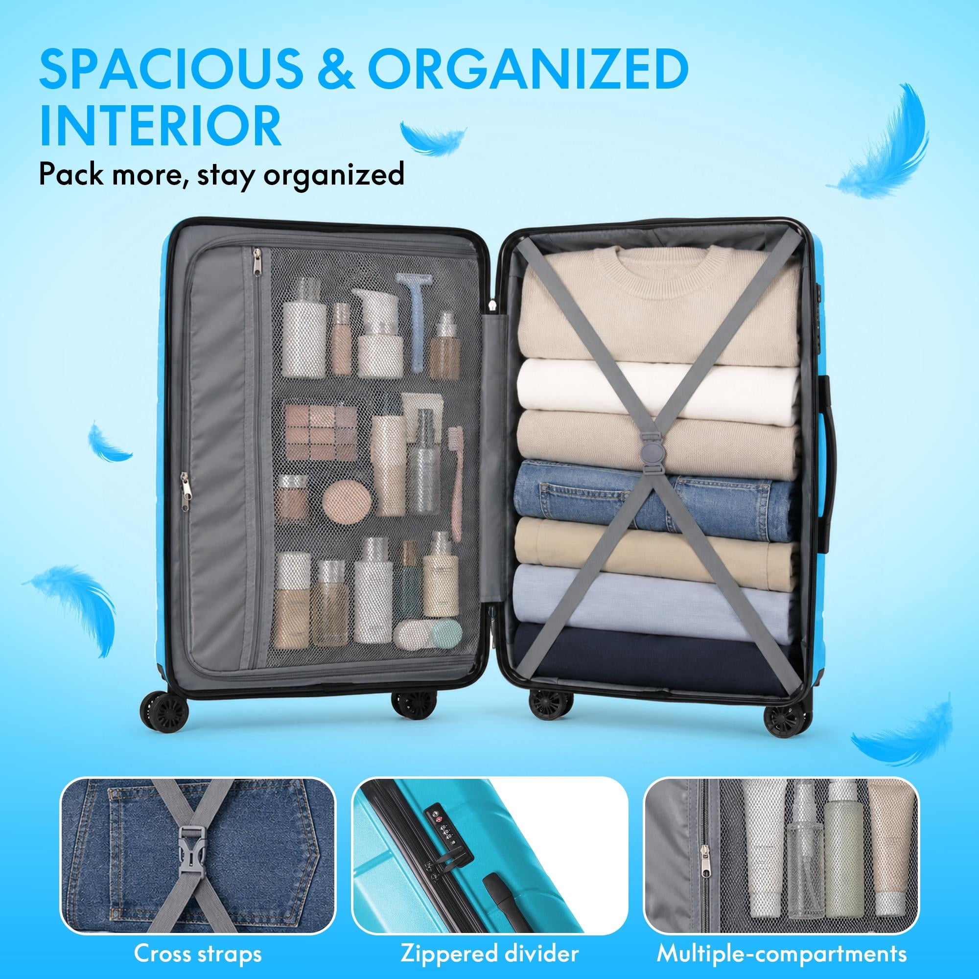 3-Piece PP Hardshell Luggage Set, Lightweight Scratch-Resistant Suitcases with Silent Spinner Wheels & TSA Lock, Peacock Blue