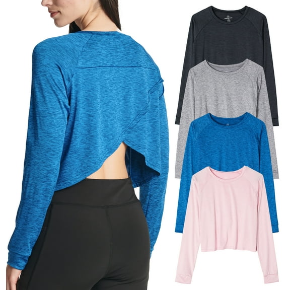 Real Essentials 4 Pack: Women's Dry-Fit Long Sleeve Petal Back Crop Top - Athletic Cropped Tee (Available in Plus Size)