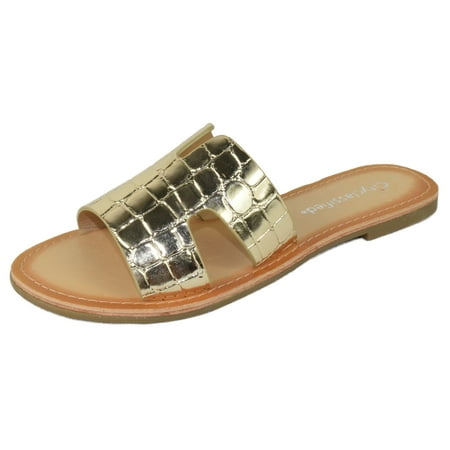 

City Classified Shoes Women Flip Flops Basic Plain Sandals Cut Out Strap Casual Slide Slippers Beach SALVIA-S Crocodile Gold 8